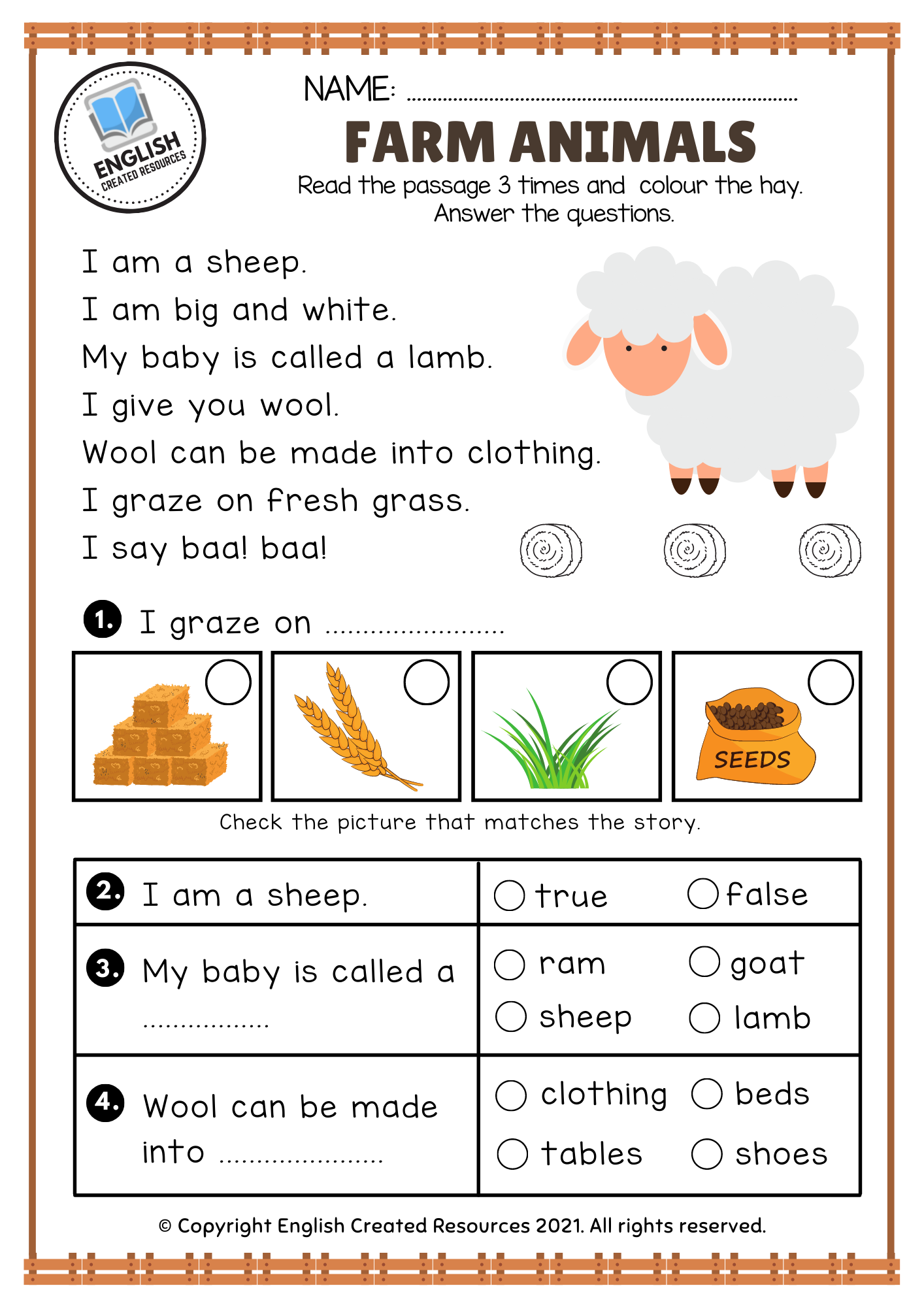 Reading Comprehension ( Farm Animals )   English Created Resources 258