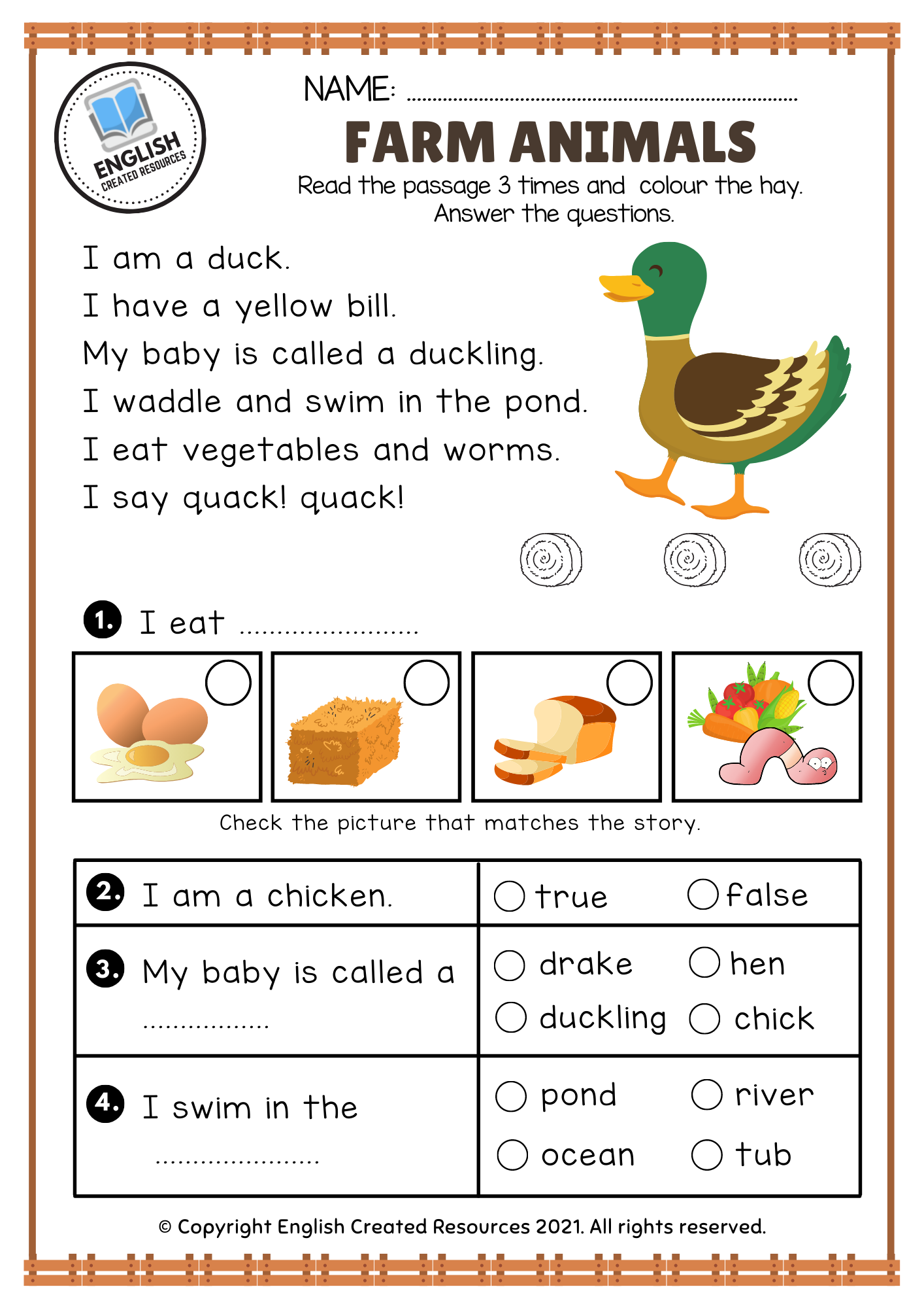 Reading Comprehension ( Farm Animals ) - English Created Resources